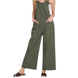 Zenana Women Olive Green Woven Knot Strap Wide Leg Overalls QP-7301Y Large NEW
